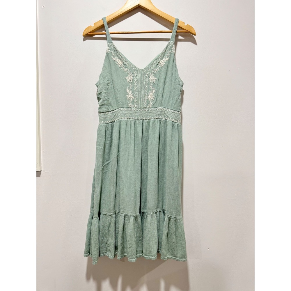 Japna Sage Green Embroidered Smocked‎ Tiered Ruffle Boho Sun Dress Large